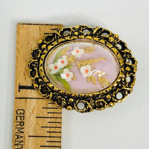 Vintage Bubble Brooch Pressed Flowers Antique Gold - Picture 9 of 9
